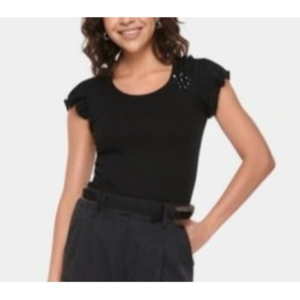 Saint‎ Tropez West Women's Solid Black Beaded Short Sleeve Blouse Size Medium